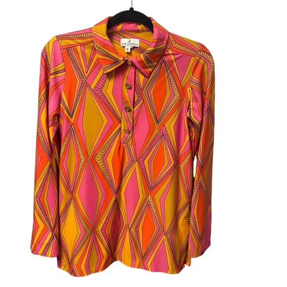 Jude Connally Button Front Orange Pink Geo Print Jude Cloth Top Womens Small - Picture 1 of 5